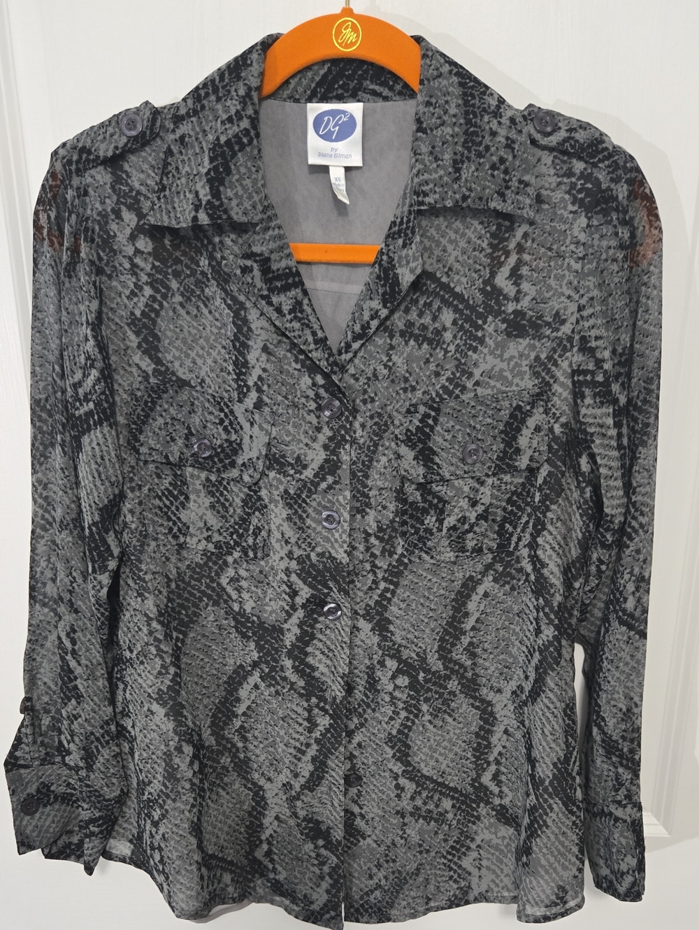 DG2 by Diane Gilman Ladies' Gray Snake-Print Button Front Blouse Sixe X2